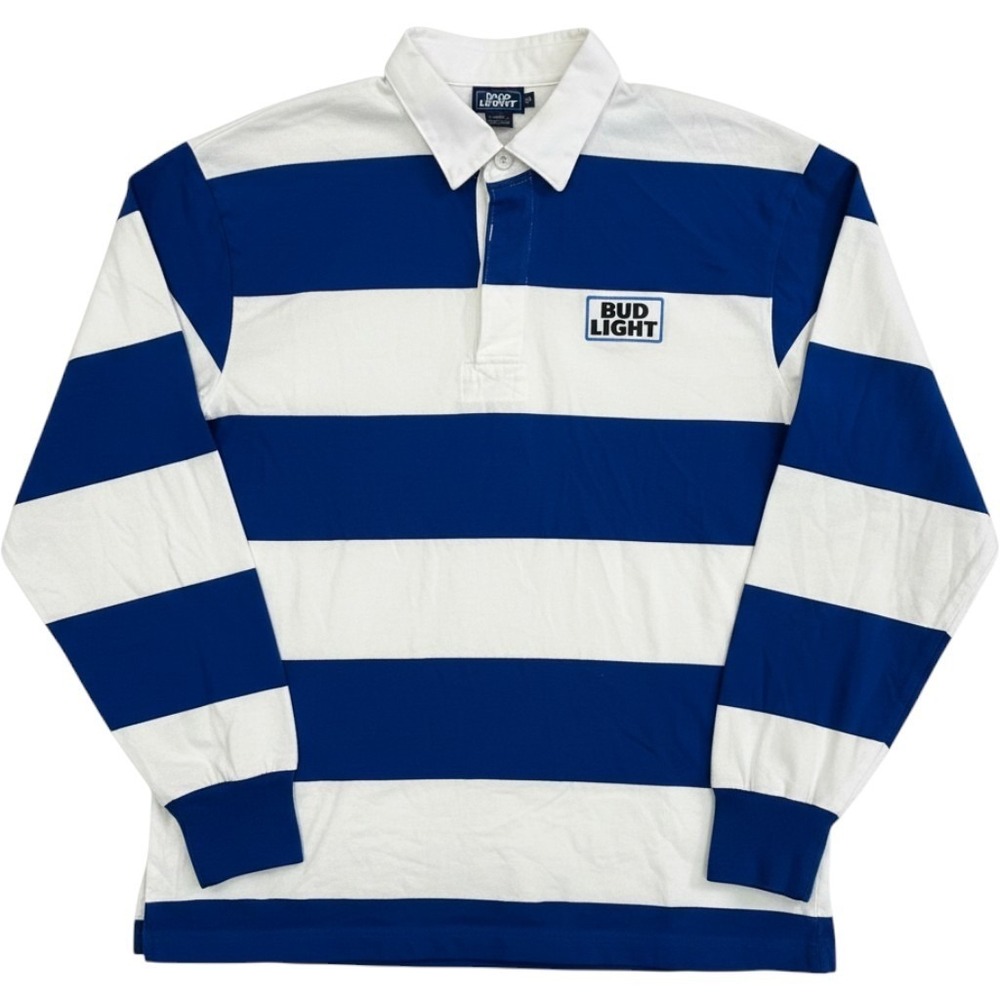 Bud Light Sport-Tek Rugby Polo Shirt Men M Blue White Striped Colorblock Preppy